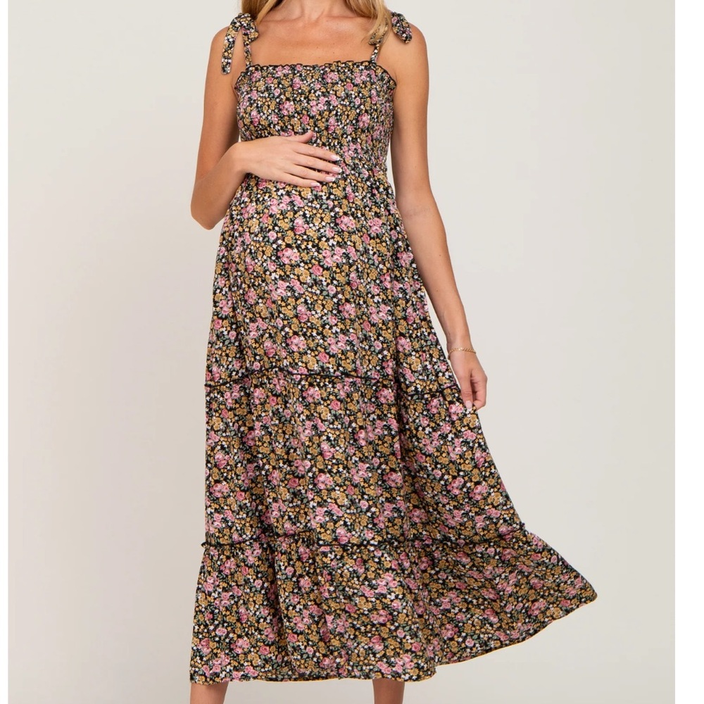 NWT Pink Blush Black Multi-Color Floral Sleeveless Tiered Maternity Maxi Dress